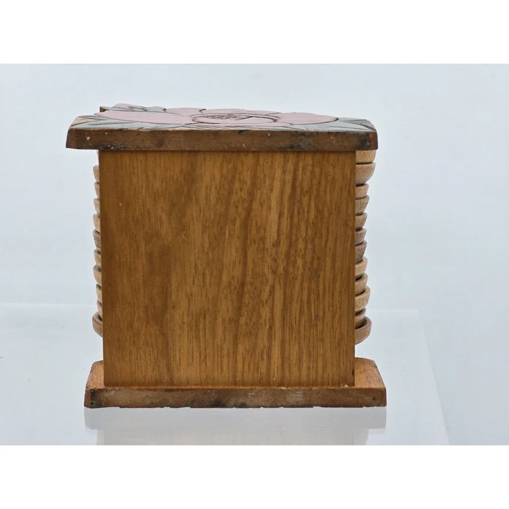 Vtg 12 Coaster Set with Holder Occupied Japan‎ Wood With Carved Flower Bud